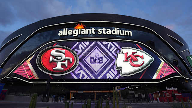 Feb 9, 2024; Las Vegas, NV, USA; A general overall view of Allegiant Stadium, the site of Super Bowl 58 between the San Francisco 49ers and the Kansas City Chiefs. Mandatory Credit: Kirby Lee-USA TODAY Sports